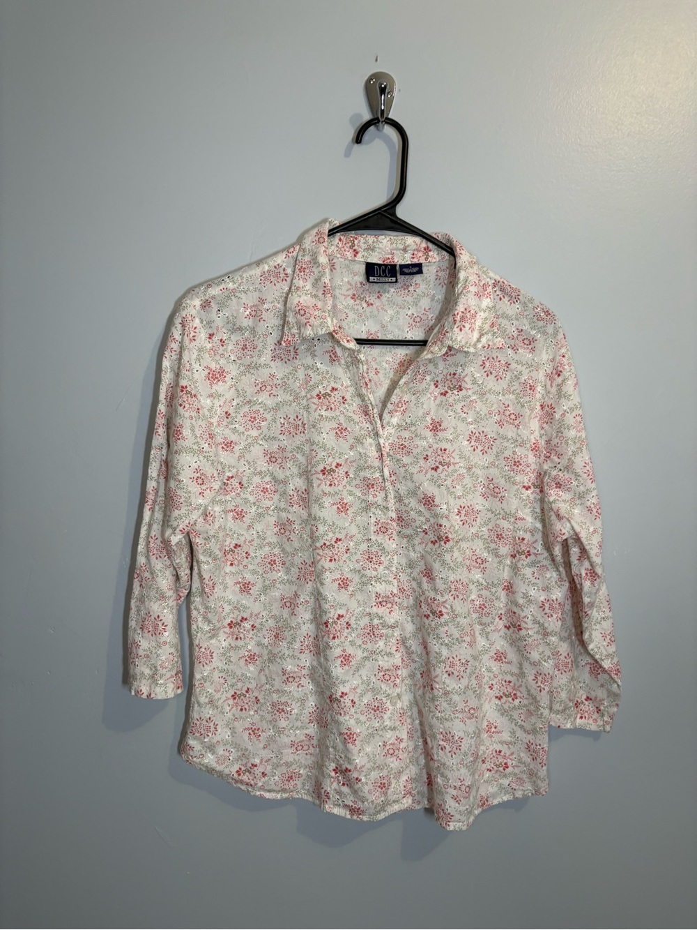 DCC Missy Floral Button-Up Shirt 3/4 Sleeve 100% Cotton Women's Large Eyelet